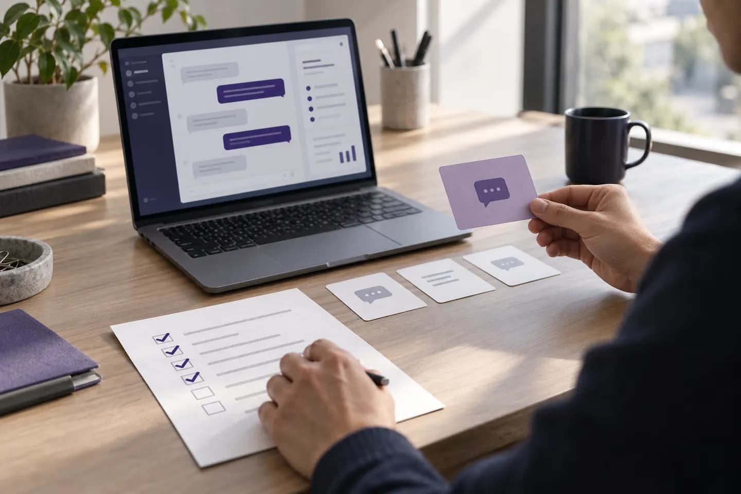 Conceptual editorial scene of a reviewer checking AI assistant test cards beside a laptop and paper checklist; not an actual Codersbay deployment