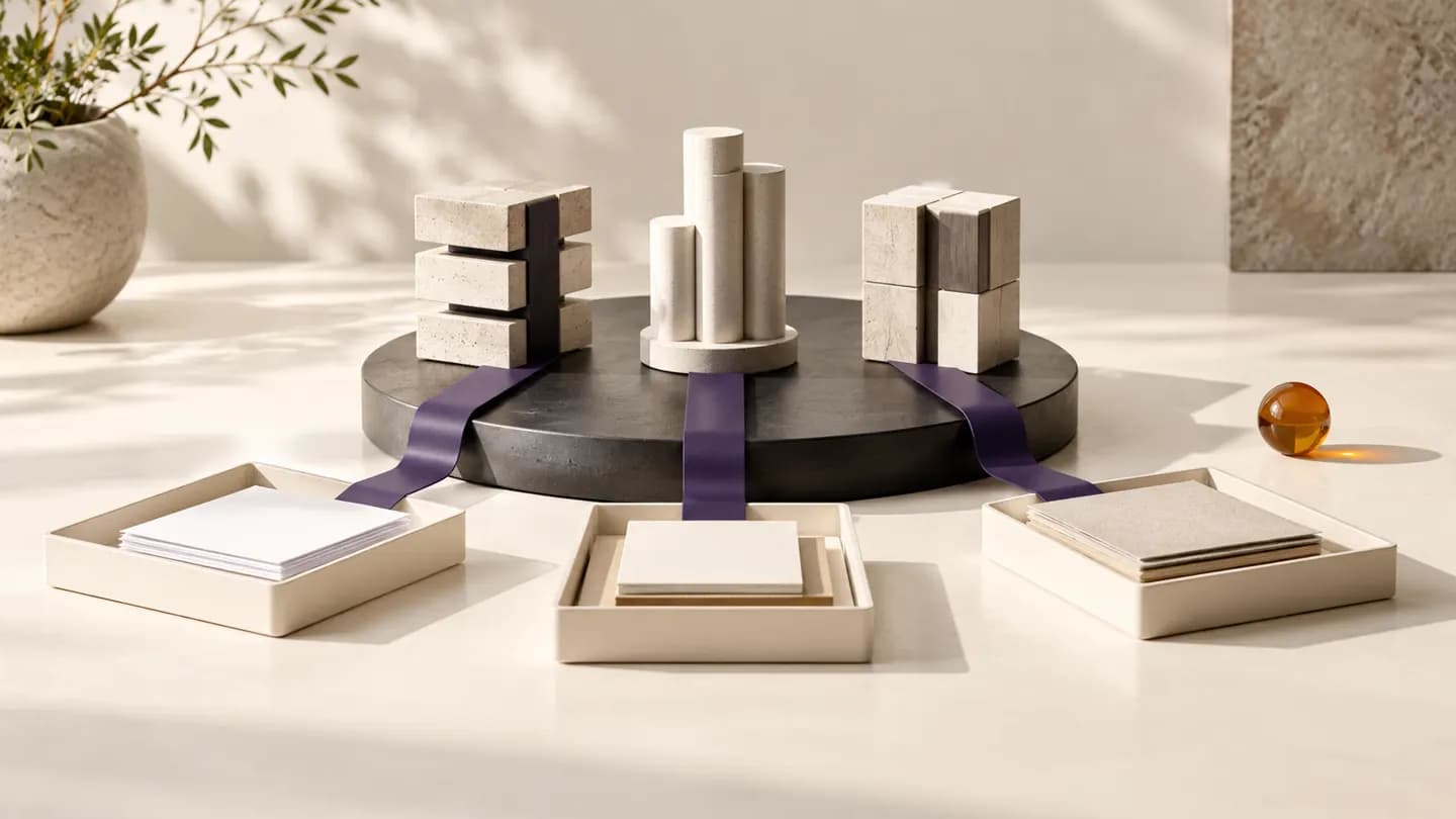 Conceptual still life of three modular structures on a shared graphite platform with violet ribbons leading to separate ivory trays and an amber marker outside, representing assigned and unresolved cloud costs