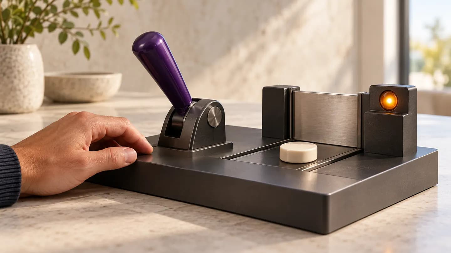 Conceptual editorial scene of a hand beside a violet control lever and an ivory token waiting at a closed gate, representing review before an AI-assisted action; not an actual client system