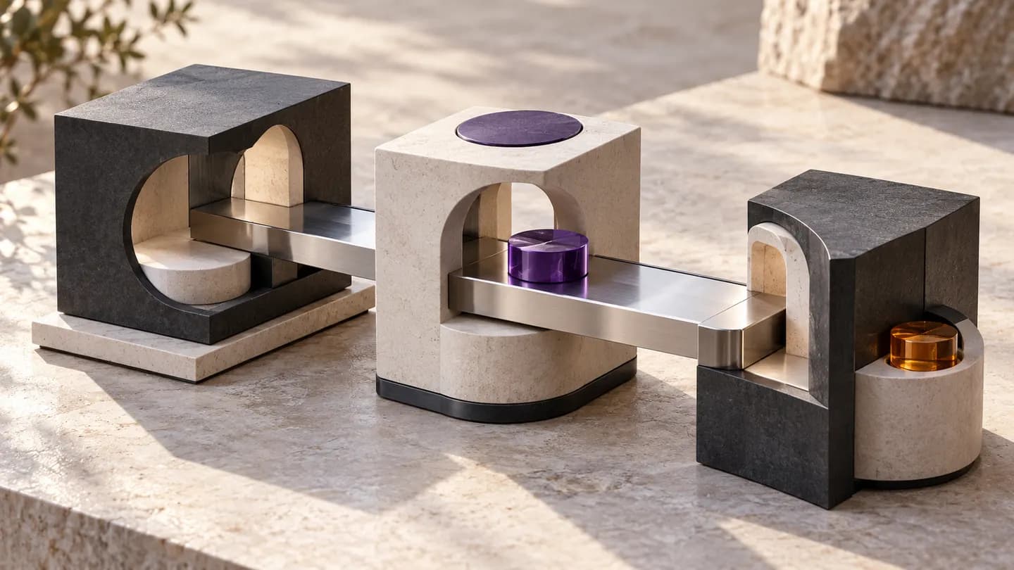Conceptual editorial still life of modular structures linked by metal bridges, a violet record token and an amber holding bay, representing integration handoffs; not an actual client system