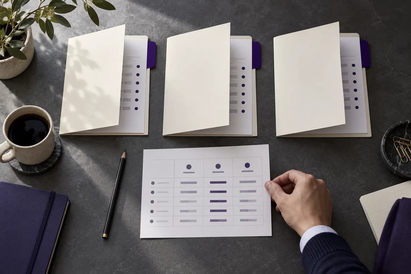 Conceptual editorial scene of a reviewer comparing three unbranded software proposals and evidence scorecards; not an actual Codersbay procurement event