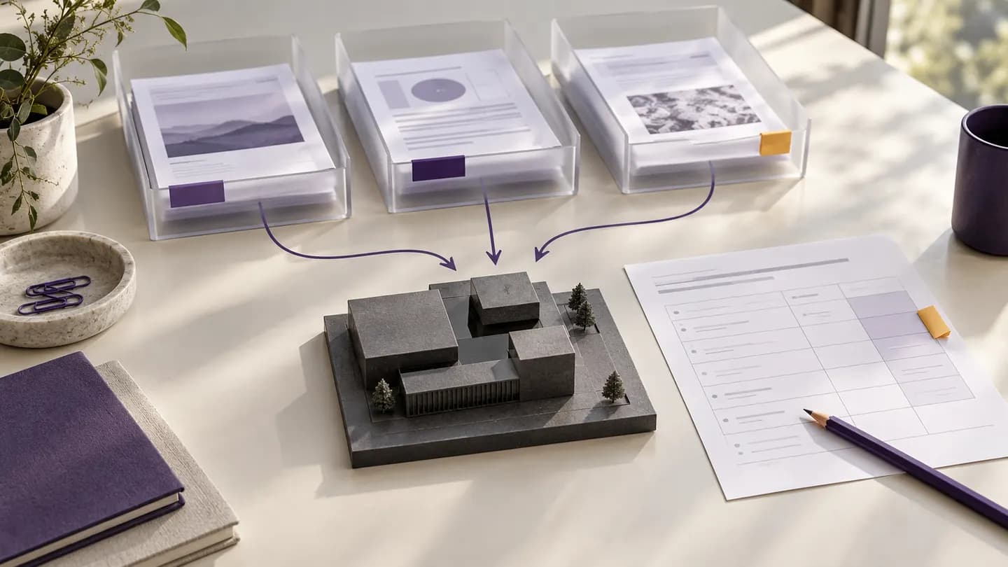 Conceptual editorial still life of document trays, a modular model and a scope worksheet representing RAG project planning; not an actual Codersbay deployment