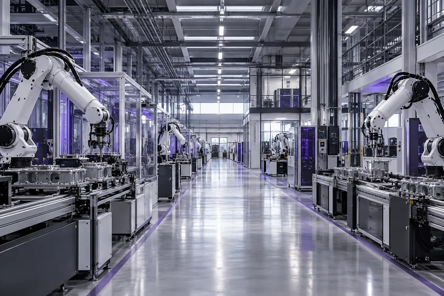 Konzeptionelle automatisierte Fabrik mit Roboter-Montagemaschinen