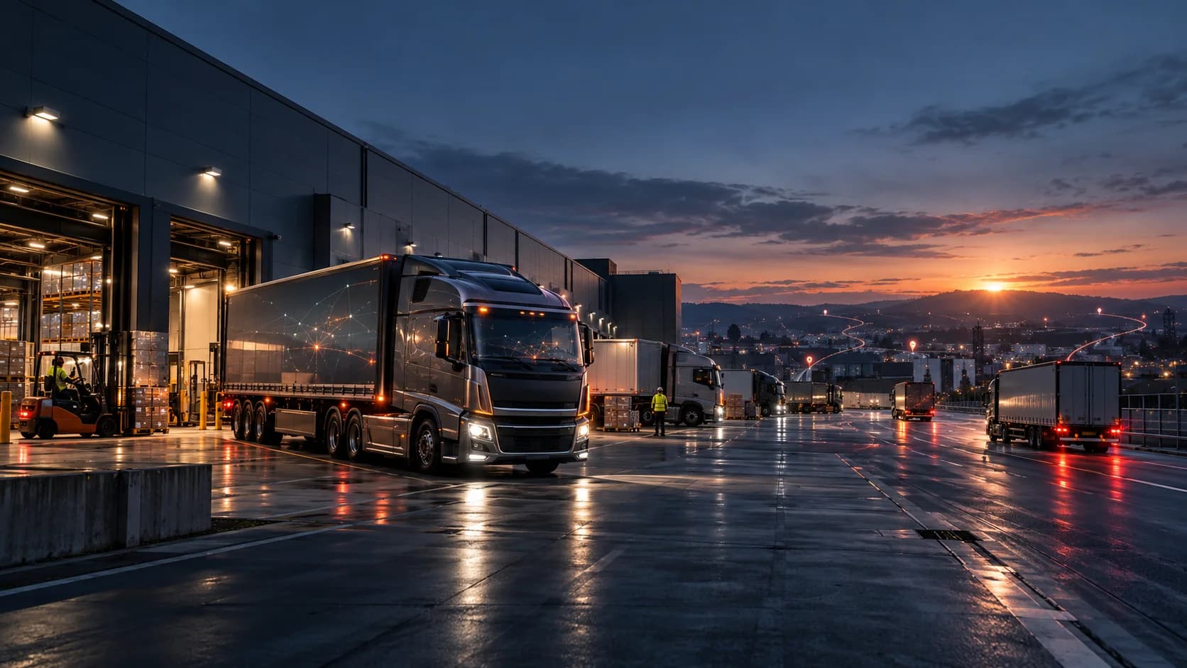 Kommerzielle Flotte, die von einem modernen Logistikzentrum aus betrieben wird