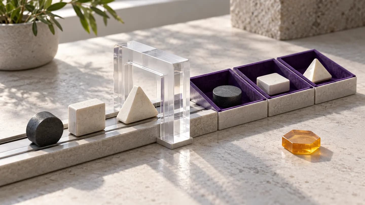 Conceptual editorial still life of workflow tokens passing an inspection frame beside evidence compartments, representing MVP acceptance checks; not an actual Codersbay project